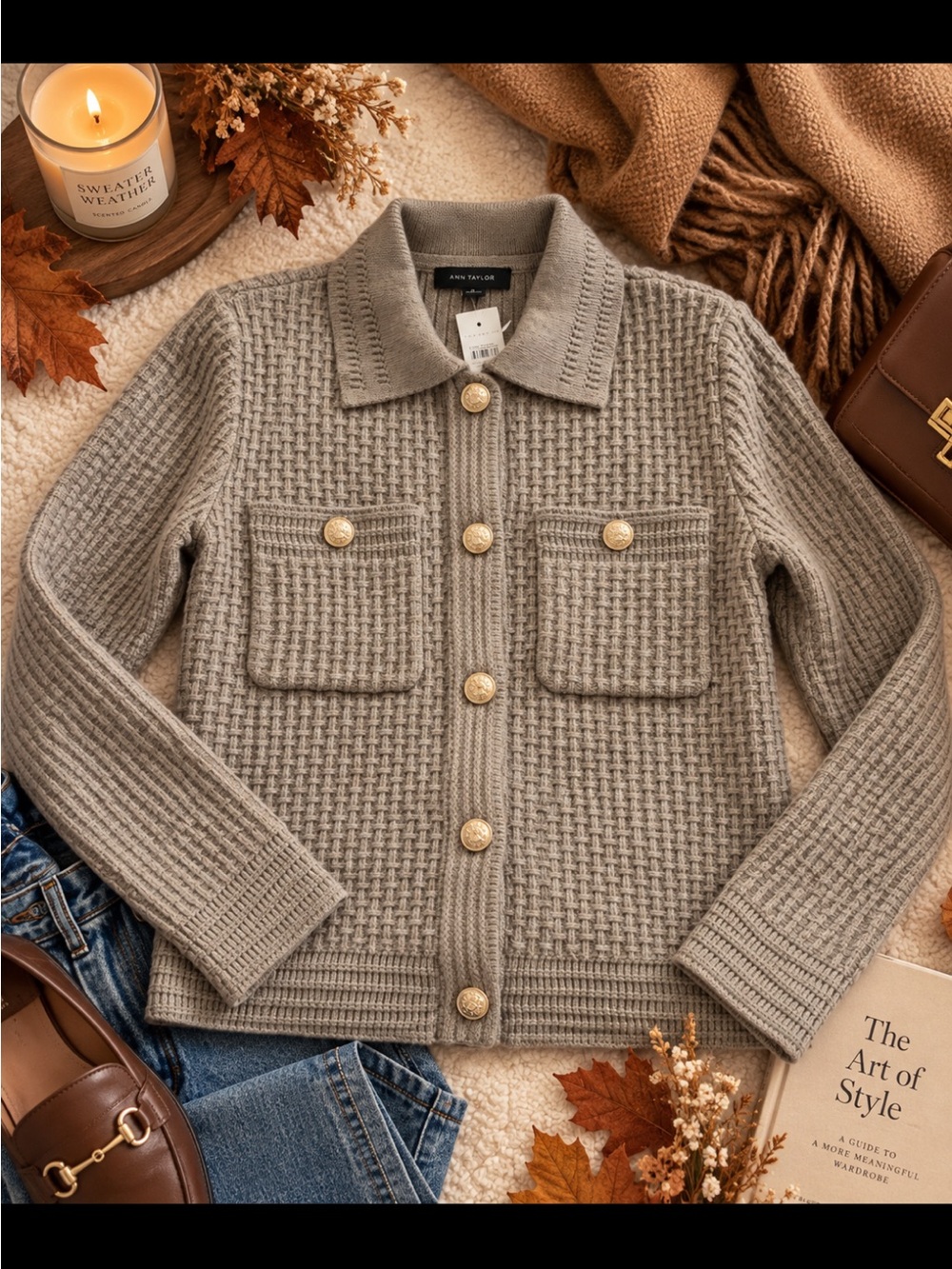 Ann Taylor Taupe Knit Button-Front Cardigan new texture new sz S stretch